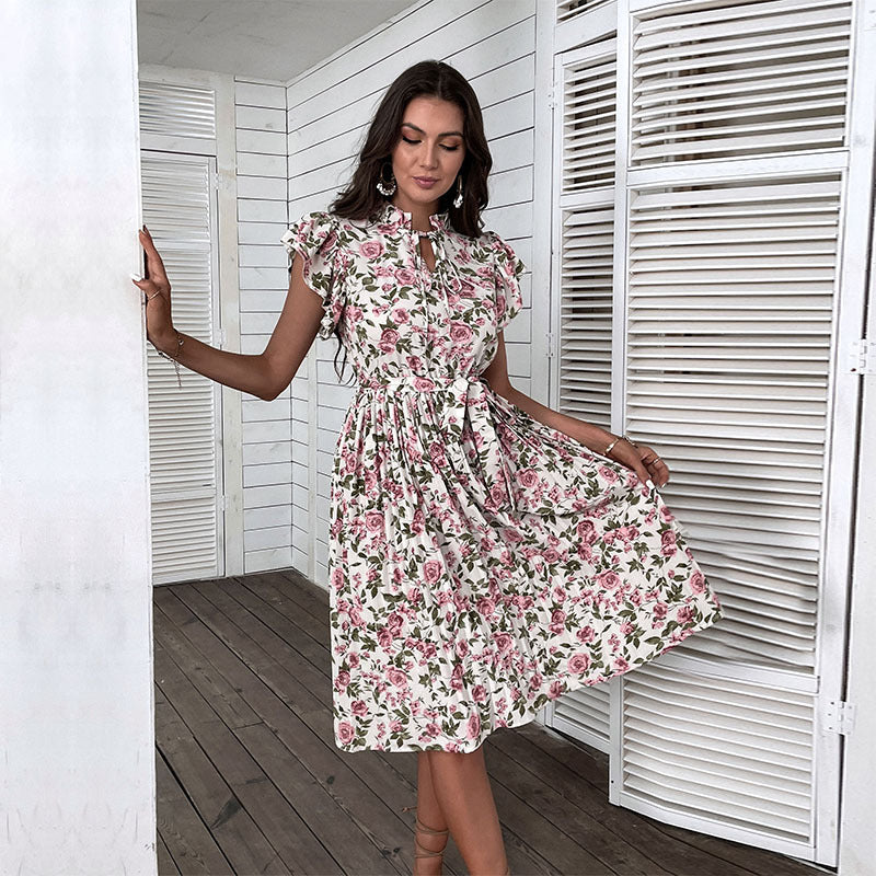 European And American Pleated Skirt Floral Ruffle Sleeve Lace-up Dress