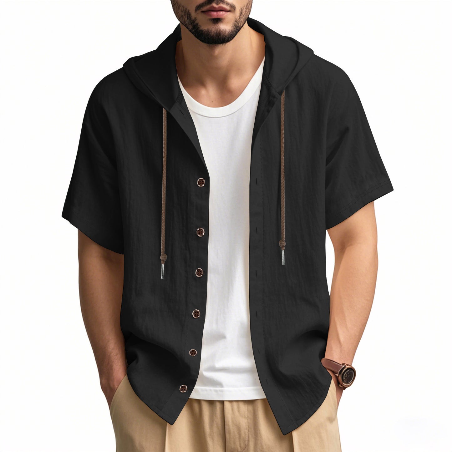 Loose Hooded Short-sleeved Shirt For Men