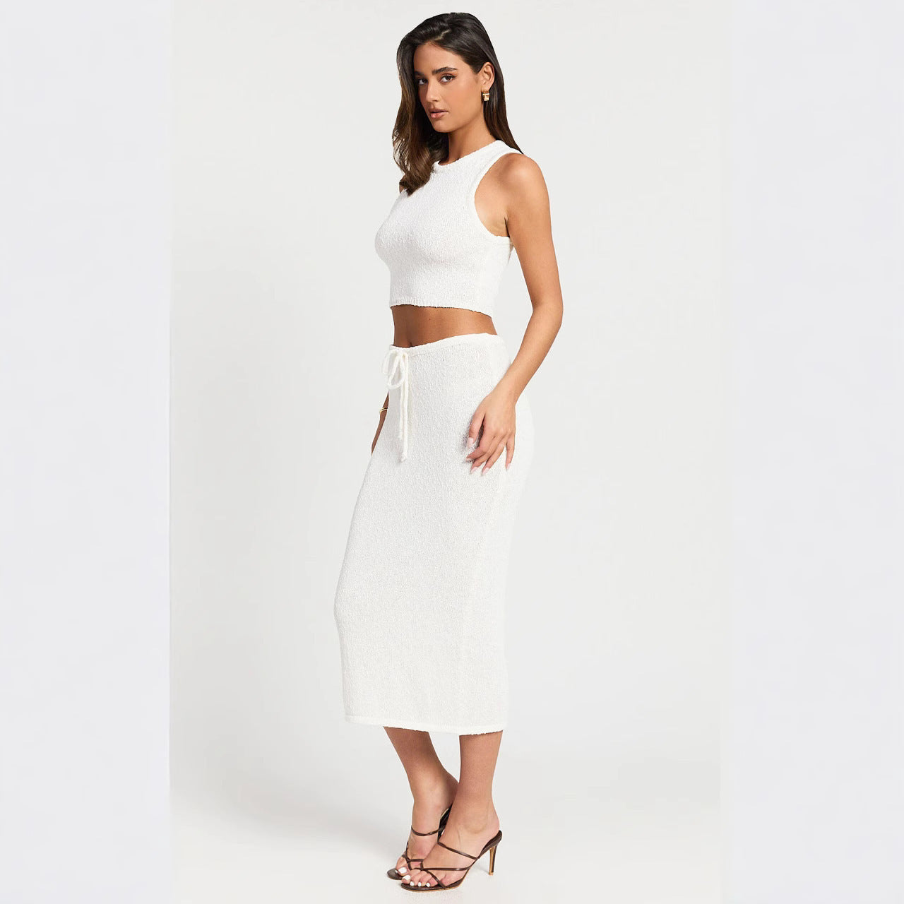 Solid Color Sleeveless Knitting Suit Women's Fashion Vacation High Waist Long Skirt Two-piece Set