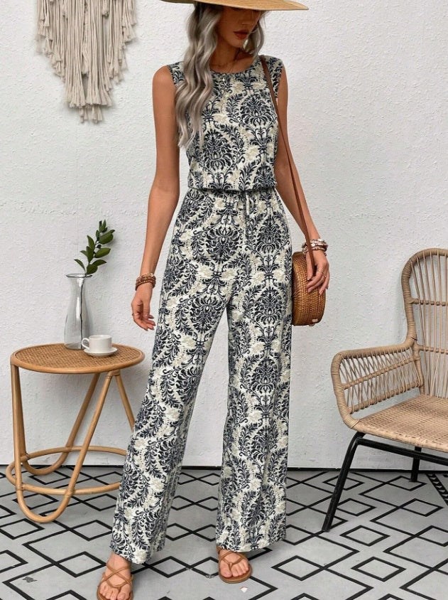 Printed Waist Cinching Casual Straight Leg Pants Set