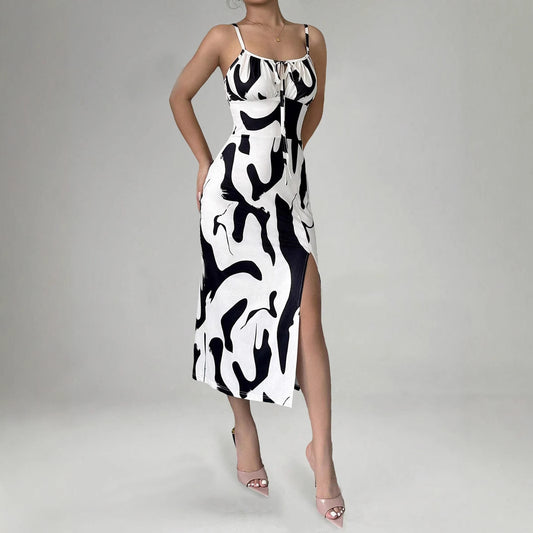 Random Printed Thigh Slit Sling Dress