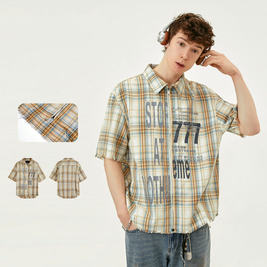 Printed Washed Tassel Short Sleeve Plaid Shirt