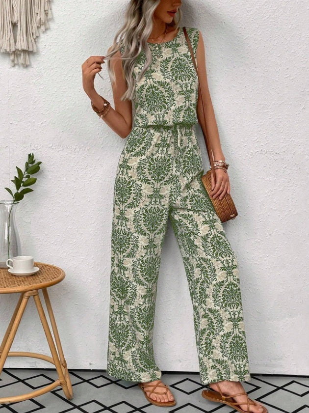 Printed Waist Cinching Casual Straight Leg Pants Set