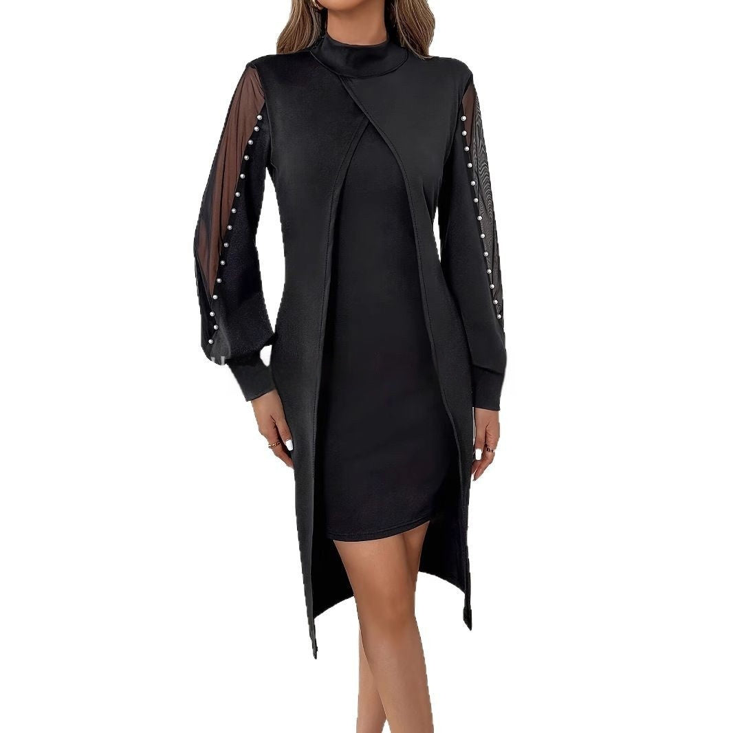 Mesh Stitching Foam Sleeve Round Neck Long Sleeve Fake Two Pieces Dress