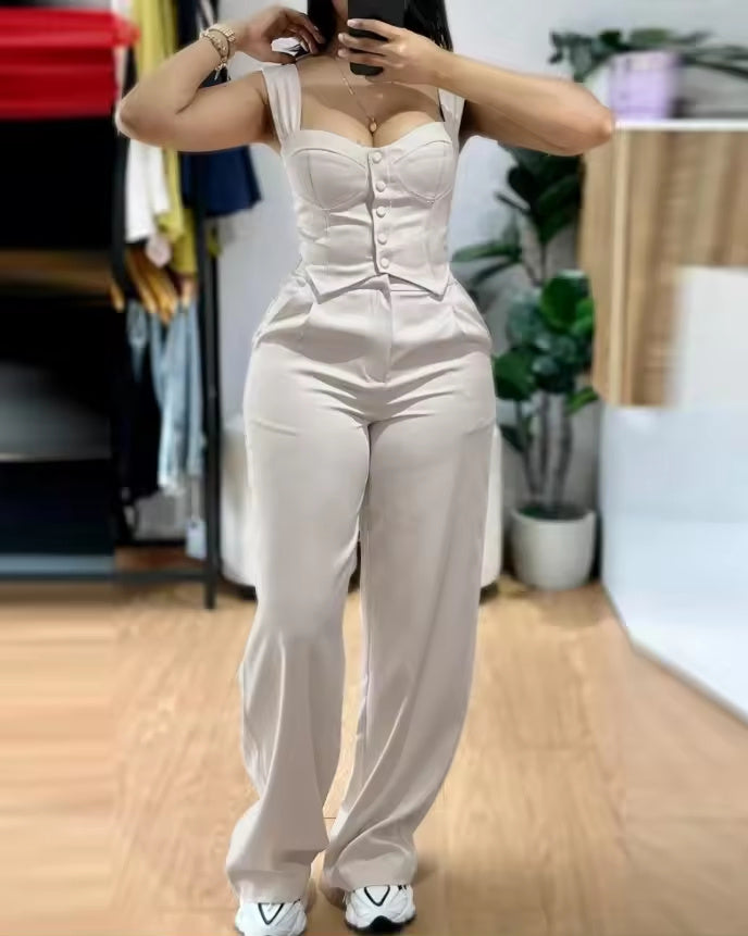 Apricot Sling Short Tight Vest Suit High Waist Wide Leg Trousers