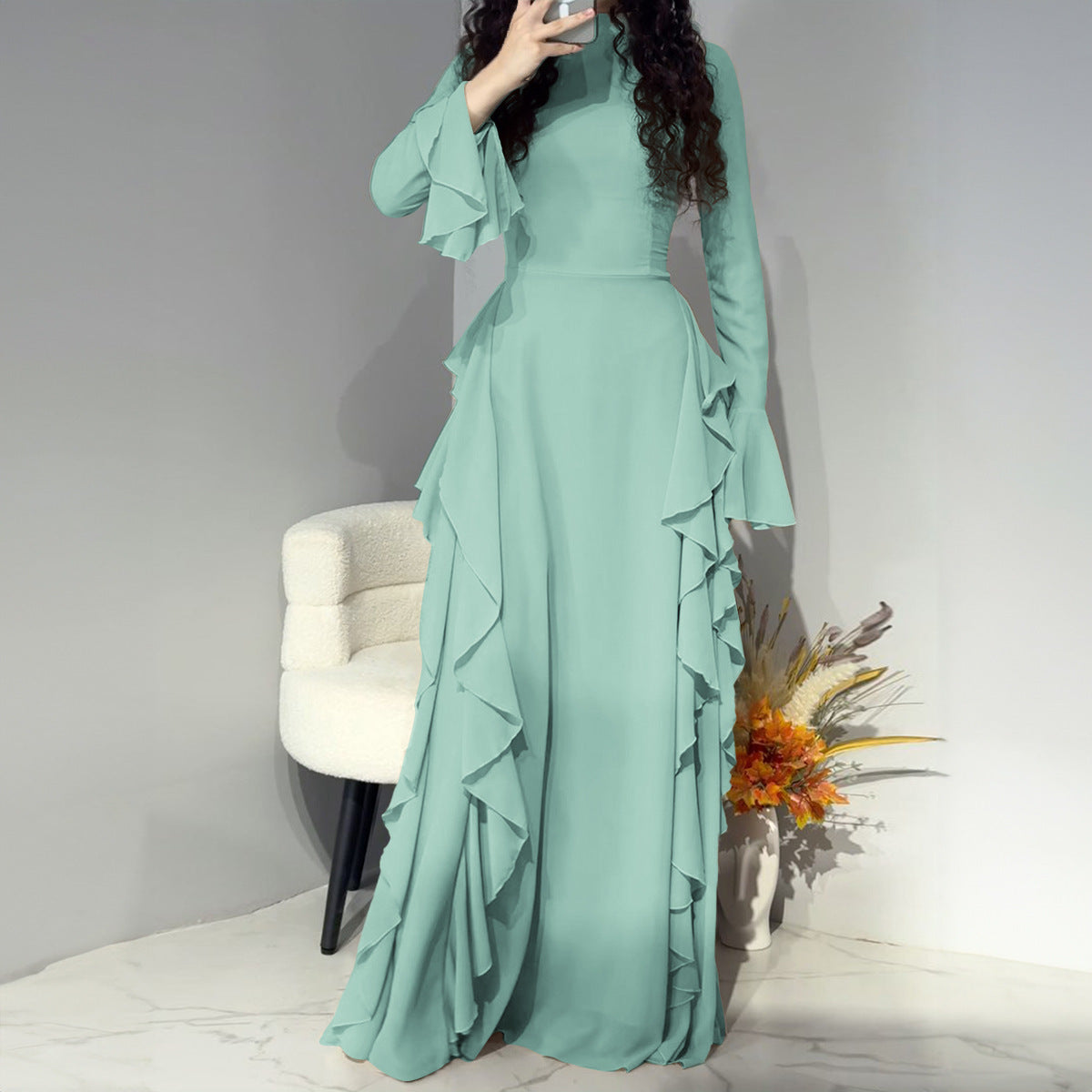 Elegant High Waist Design Bell Sleeve Dress