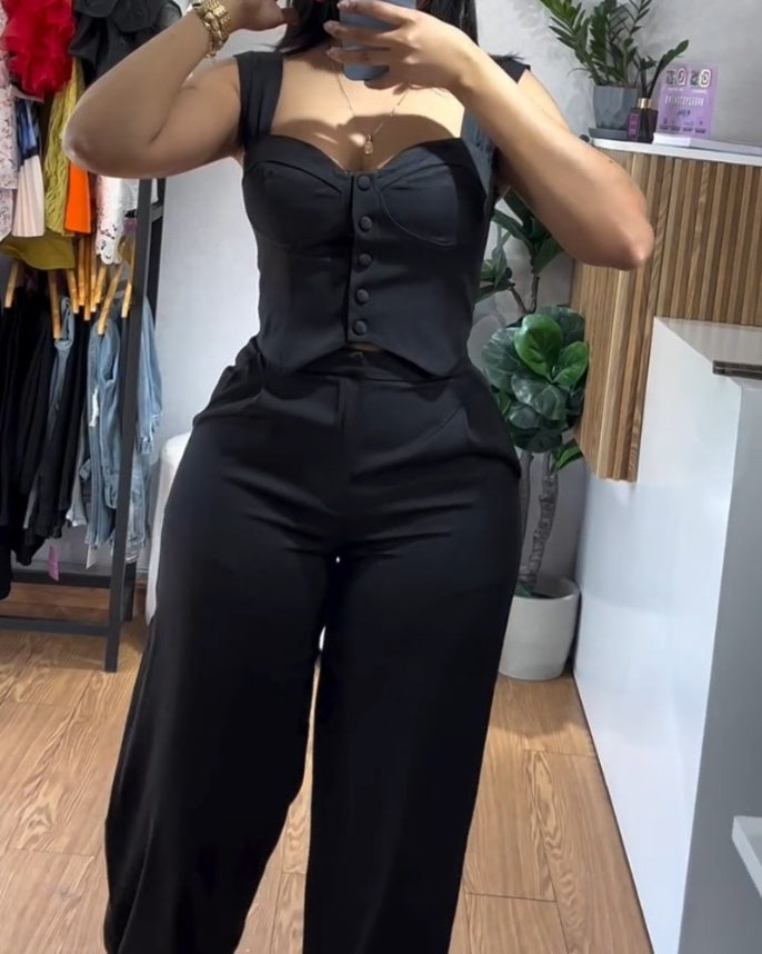 Apricot Sling Short Tight Vest Suit High Waist Wide Leg Trousers