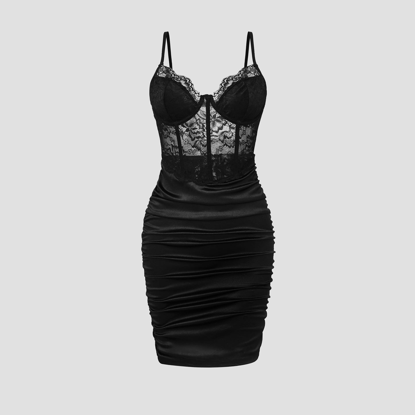 Advanced Satin Lace Fishbone Stitching See-through Hip Spaghetti Straps Dress