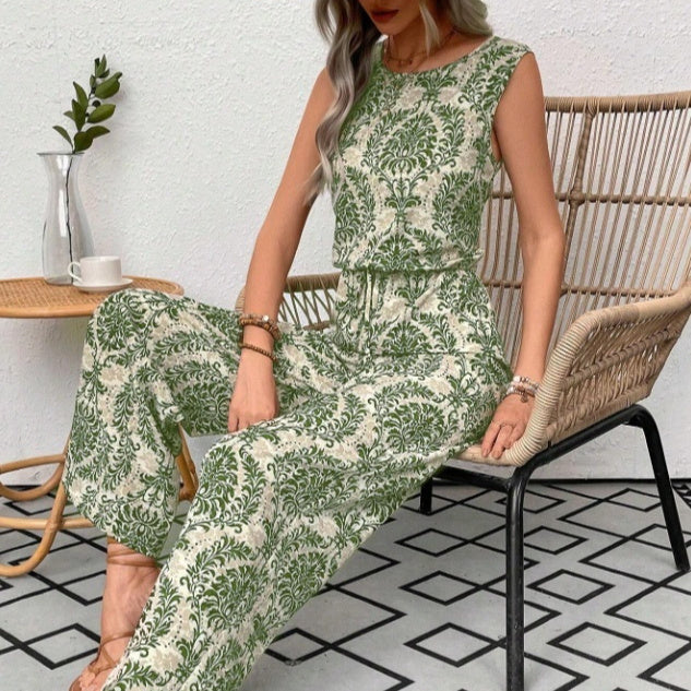 Printed Waist Cinching Casual Straight Leg Pants Set