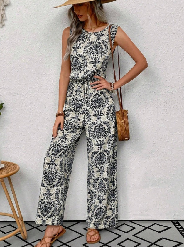 Printed Waist Cinching Casual Straight Leg Pants Set