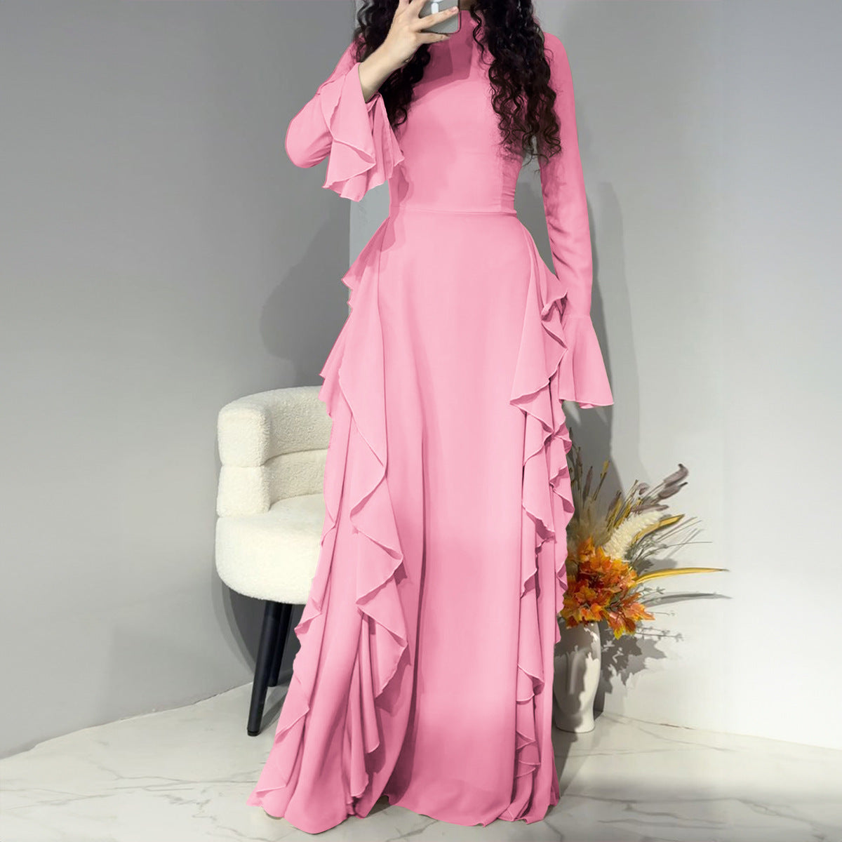 Elegant High Waist Design Bell Sleeve Dress