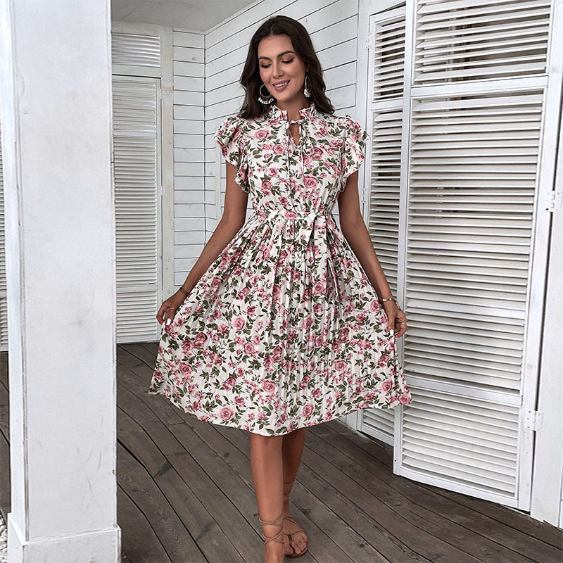 European And American Pleated Skirt Floral Ruffle Sleeve Lace-up Dress