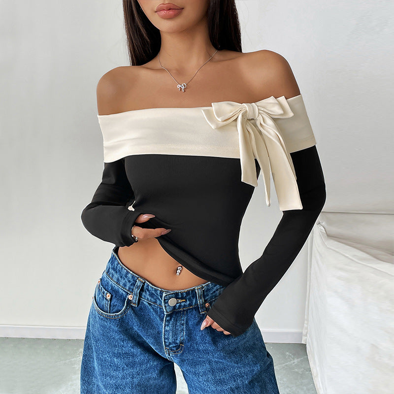 Women's Fashion Off-neck Bow T-shirt