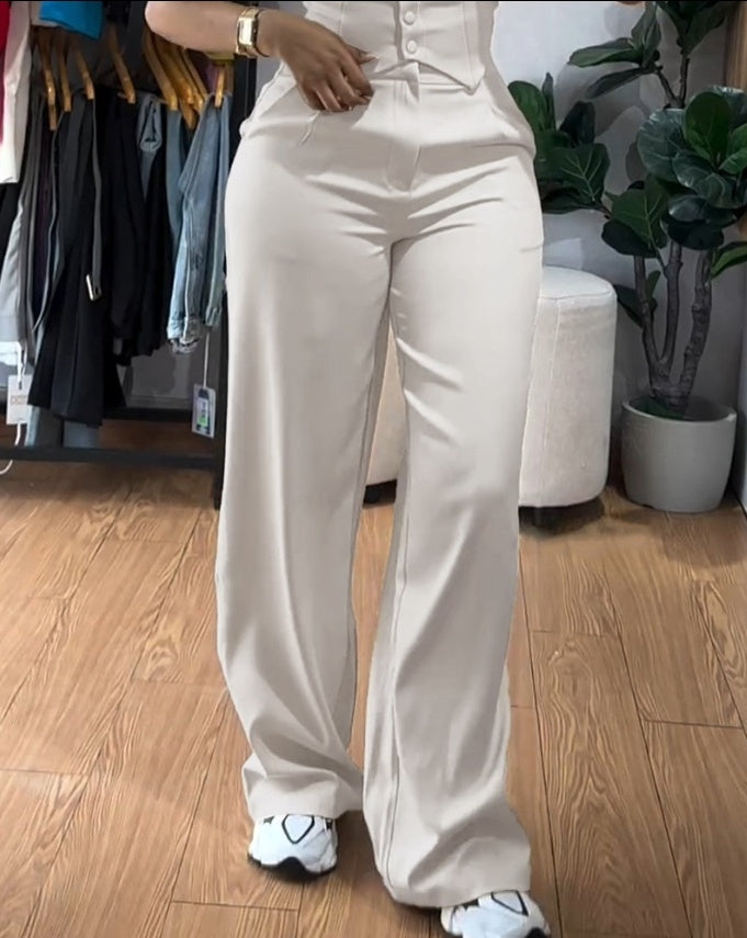 Apricot Sling Short Tight Vest Suit High Waist Wide Leg Trousers