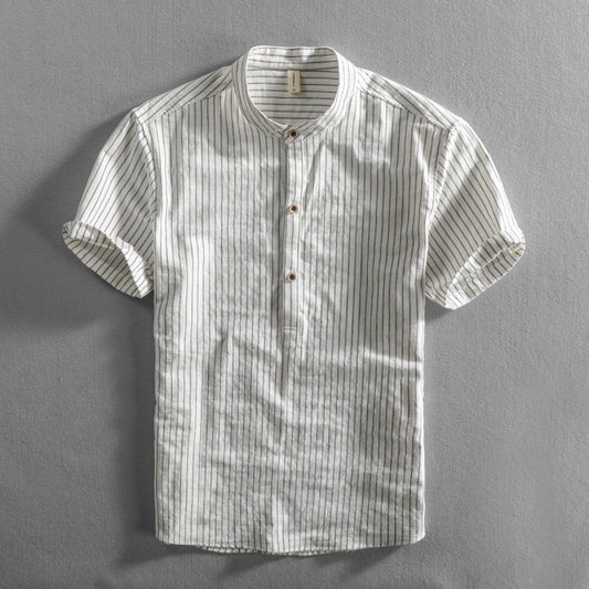 Men's Short Sleeve Striped Stand Collar Casual Loose Plus Size Shirt Thin Foreign Trade