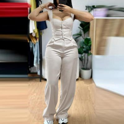 Apricot Sling Short Tight Vest Suit High Waist Wide Leg Trousers