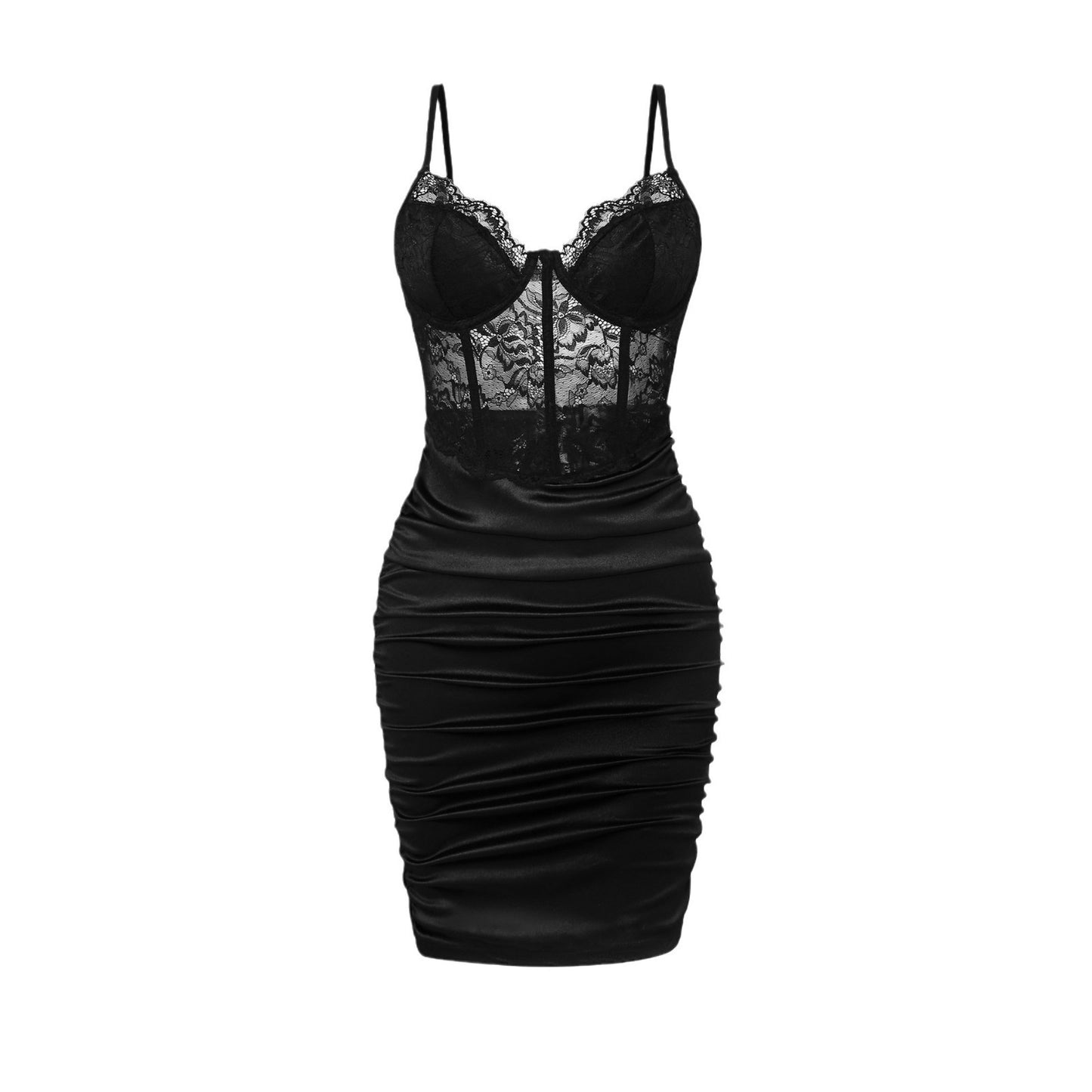 Advanced Satin Lace Fishbone Stitching See-through Hip Spaghetti Straps Dress