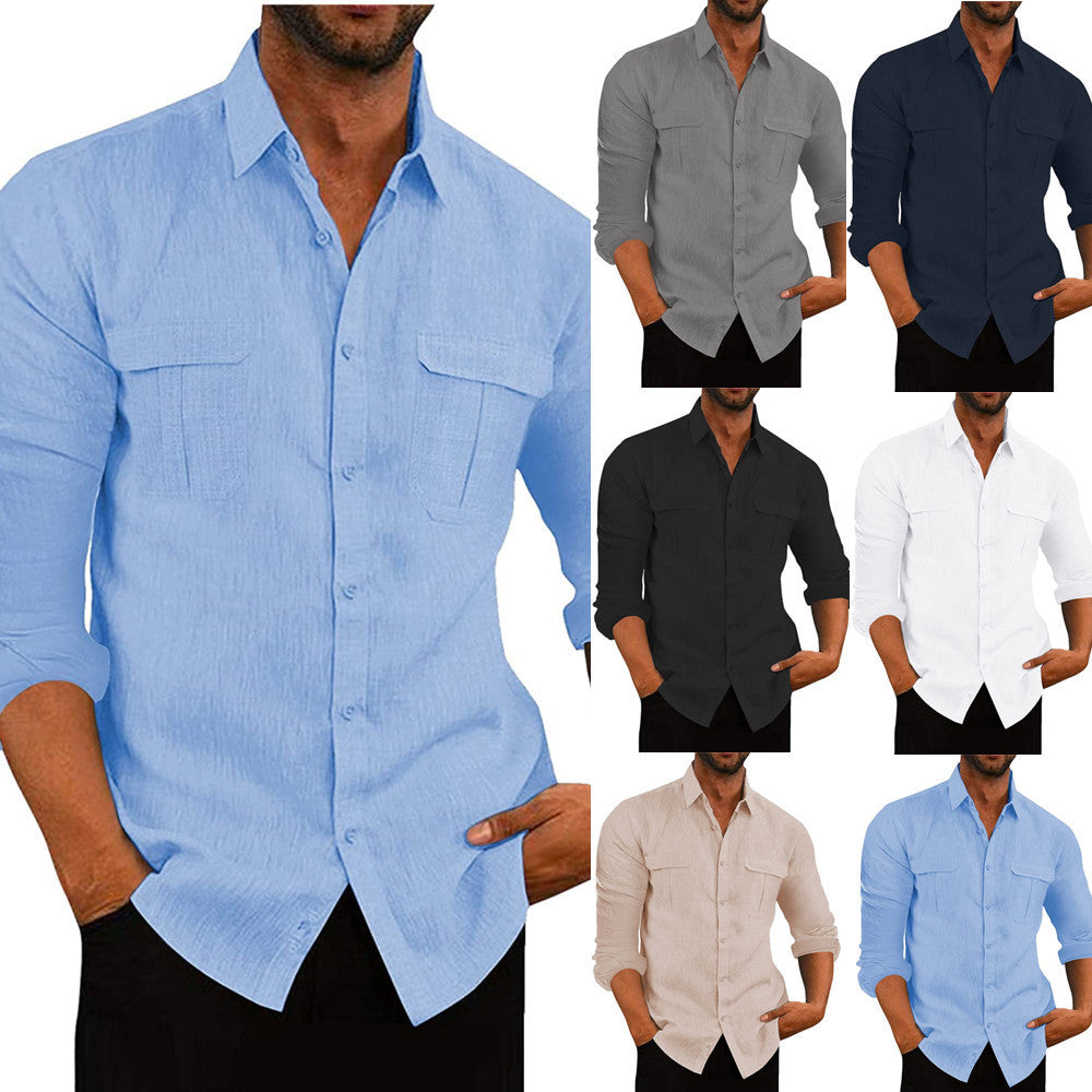 European And American Men's Shirt Double Pocket Cotton Linen