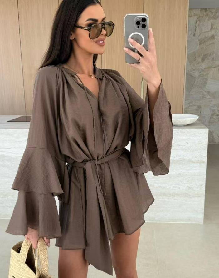 Women's Lace-up Ruffle Sleeve V-neck Irregular Dress