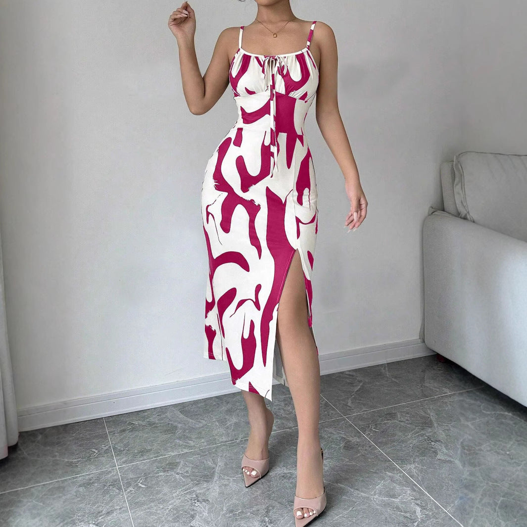 Random Printed Thigh Slit Sling Dress