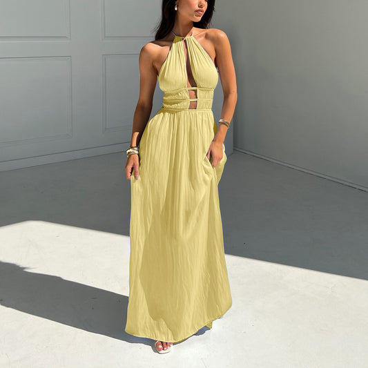 Halter Off-the-shoulder Hollow-out Pleated Dress